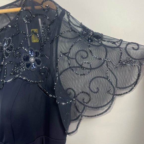 Xscape Plus Size Long Beaded Sequin Illusion Neckline Jersey Dress 18W Navy FLAW - Picture 6 of 15